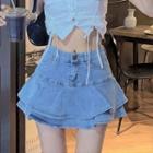 Denim Layered Ruffle Hem Mini A-line Skirt