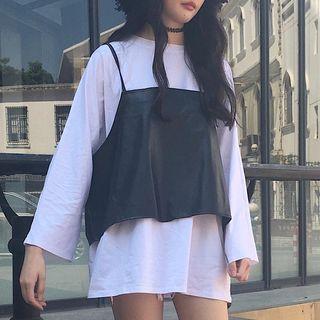 Set: Faux Leather Camisole Top + Plain Long Sleeve T-shirt