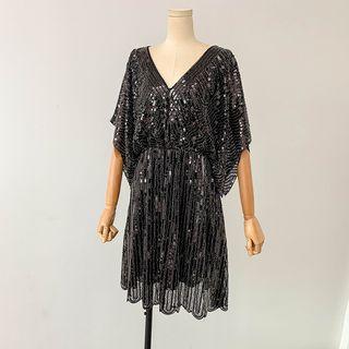 Sequined Elbow-sleeve A-line Dress