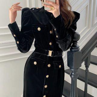 Long-sleeve Belted Midi Velvet Sheath Dress Black - One Size