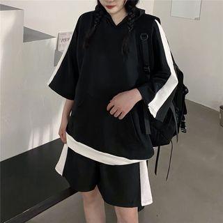 3/4-sleeve Contrast Trim Hooded T-shirt / Shorts / Set