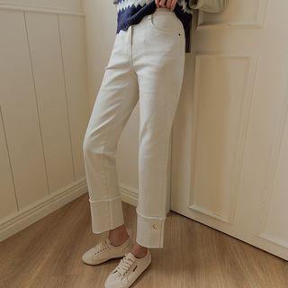 Fringed Button-detail Straight-leg Pants