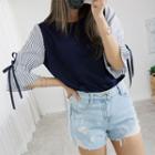 Beribboned Elbow-sleeve Stripe Top