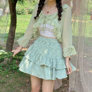 Ruffle Trim Light Jacket / Lace Camisole Top / Floral A-line Skirt