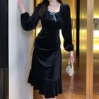 Long-sleeve Bow A-line Velvet Dress (various Designs)