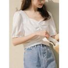 Eyelet Short-sleeve Shirred Cropped Top