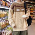 Sheep Print Panel Cable Knit Sweater