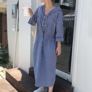 Hooded Gingham 3/4-sleeve A-line Midi Dress