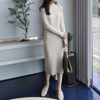 Crew-neck Rib-knit Dress Beige - One Size
