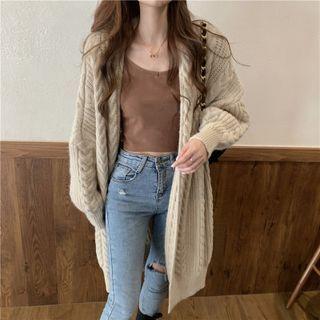 Oversized Plain Knit Maxi Cardigan Khaki - One Size