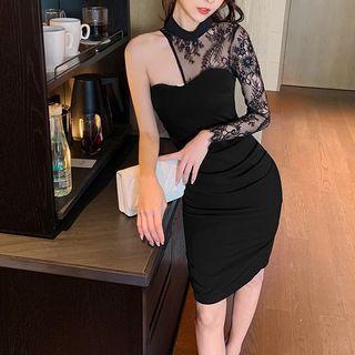 Asymmetrical One-shoulder Lace Panel Sheath Dress