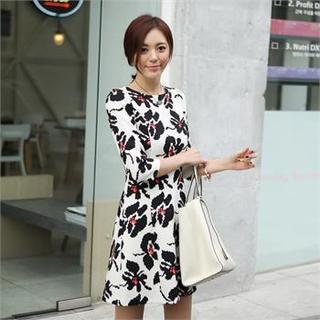 3/4-sleeve Floral Print Dress