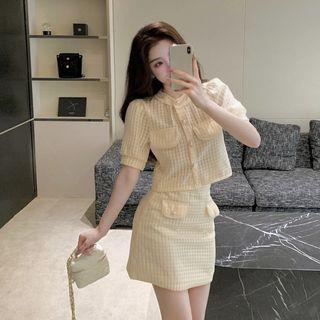 Set: Puff-sleeve Lace Blouse + A-line Skirt