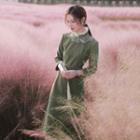 3/4-sleeve Mock-neck Velvet Midi A-line Dress