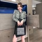 Set: Long-sleeve Snake Print Shirt + Faux Leather Mini A-line Skirt
