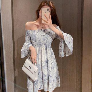 3/4-sleeve Off-shoulder Floral Print Mini A-line Dress