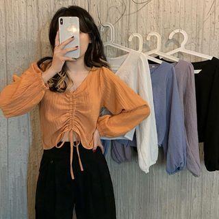Long-sleeve V-neck Cropped Blouse