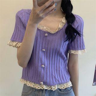 Lace-trim Ribbed Short-sleeve Knit Top