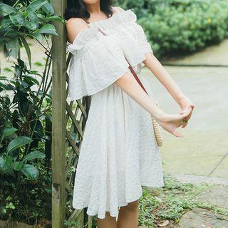 Cold-shoulder Short-sleeve A-line Dress Almond - One Size