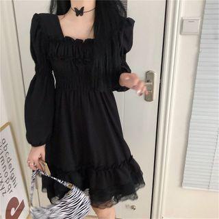 Long-sleeve Plain Lace Trim Mini A-line Dress Black - One Size