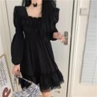 Long-sleeve Plain Lace Trim Mini A-line Dress Black - One Size