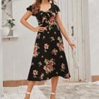 Tie Front Floral Short-sleeve Midi A-line Dress