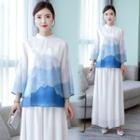 Print 3/4-sleeve Hanfu Top / Wide Leg Pants