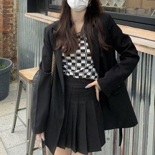 Checkered Tank Top / Plain Blazer / Mini Pleated Skirt