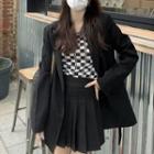 Checkered Tank Top / Plain Blazer / Mini Pleated Skirt