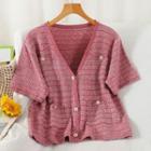 Short-sleeve Striped Knit Top Stripes - Rose Pink - One Size
