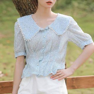 Short-sleeve Wide Collar Floral Print Blouse