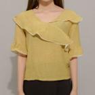 V-neck Contrast Frill-trim Top