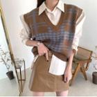 Long-sleeve Shirt / Houndstooth Knit Vest / High-waist Mini Skirt