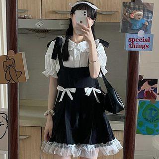 Puff-sleeve Frill Trim Blouse / Bow Frill Trim Suspender Skort
