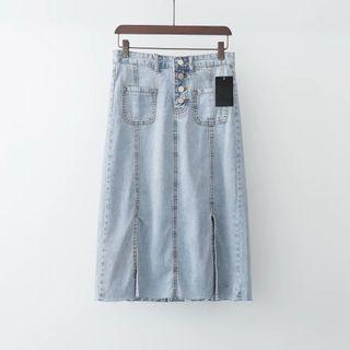 Washed Slit-hem Fitted Denim Skirt