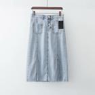 Washed Slit-hem Fitted Denim Skirt