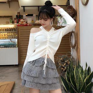 Cold-shoulder Drawstring Ribbed Knit Top