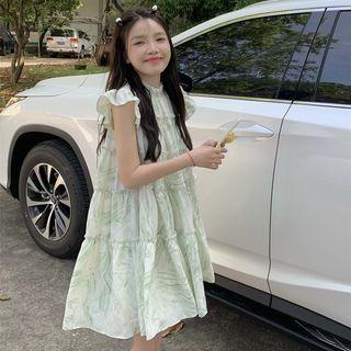Cap-sleeve Ruffled Floral Print A-line Dress Green - One Size