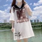 Elbow-sleeve Sailor Collar Print Shift Dress White - One Size