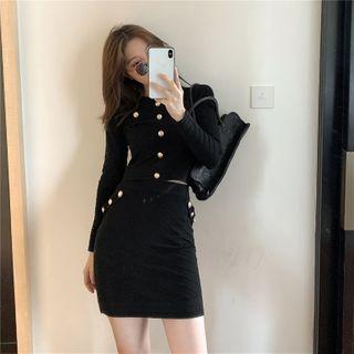 Set: Buttoned Long-sleeve Knit Top + Mini Pencil Skirt Set - Black - One Size
