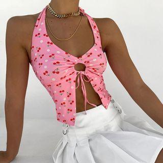 Halter-neck Cherry Print Tie-front Top