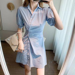 Puff-sleeve Plain Shirred Shirtdress