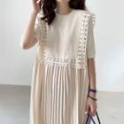 Round-neck Filigree Panel Accordion Pleat Maxi Dress