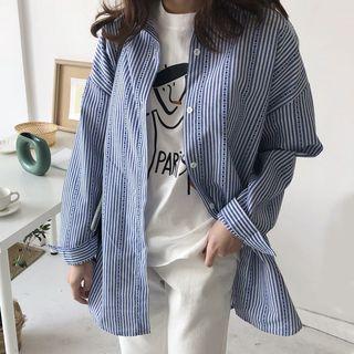 Lettering Back Striped Long-sleeve Shirt