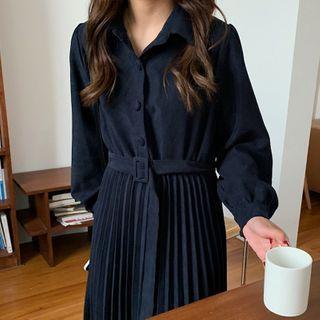 Long-sleeve Corduroy Pleated Dress