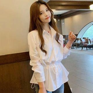 Long-sleeve Plain Drawstring Blouse