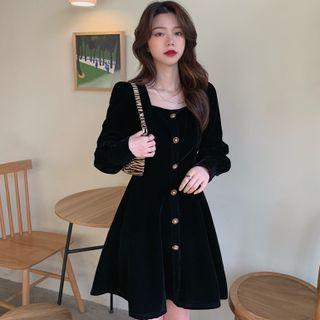 Long-sleeve Square Neck Single-breasted Velvet Mini A-line Dress