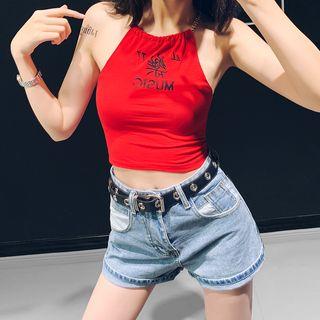 Chain-accent Embroidered Crop Halter Top