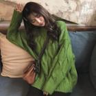 Plain Cable-knit Loose-fit Sweater Green - One Size