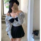 Long-sleeve Mock Two-piece Striped Cropped Blouse